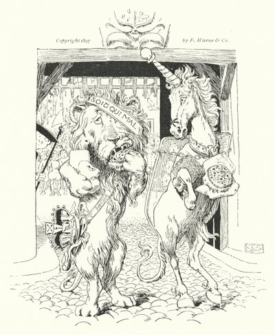 De leeuw en de eenhoorn, vochten om de kroon (gravure) door Leonard Leslie Brooke