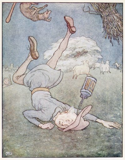 De man in de maan viel naar beneden, uit A Nursery Rhyme Picture Book, uitgegeven 1914 (kleur litho) door Leonard Leslie Brooke