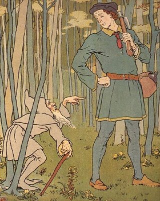 We Ontmoetten een Kleine Oude Man. Illustratie uit De Gouden Gans door Leonard Leslie Brooke