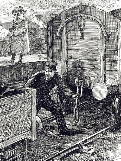 Een cartoon over ongevallen van spoorwegwerkers. Geïllustreerd door Leonard Raven-Hill (1867-1942), een Engelse kunstenaar, illustrator en cartoonist, 20e eeuw door Leonard Raven Hill