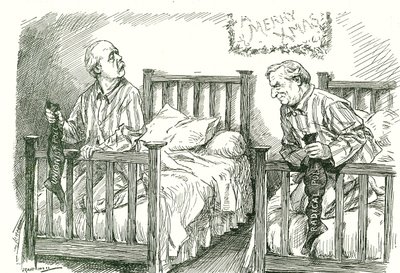 Arthur Balfour, Conservatief, en Herbert Asquith, Liberaal, met hun kerstkousen. In de algemene verkiezingen van december 1910 had geen van beiden een absolute meerderheid. Asquith kon een regering vormen in coalitie met de Ierse Nationale Partij. door Leonard Raven Hill