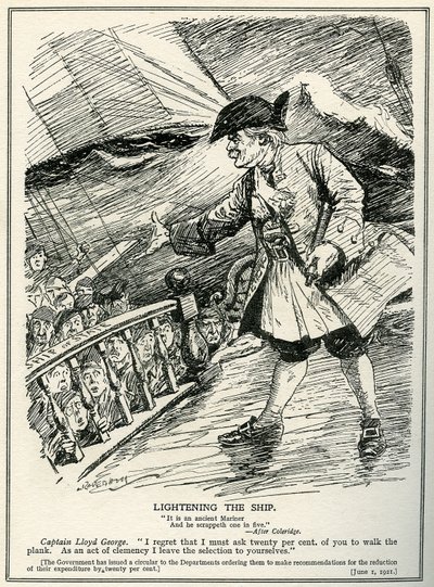 Overheidsdepartementen krijgen instructies van Lloyd George om de uitgaven met twintig procent te verminderen, 1921 door Leonard Raven Hill