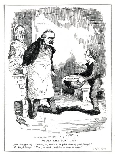 John Bull klaagt bij Lloyd George dat er te veel hervormingen zijn in zijn sociale wetgeving en landbeleidshervormingen, 1912 door Leonard Raven Hill
