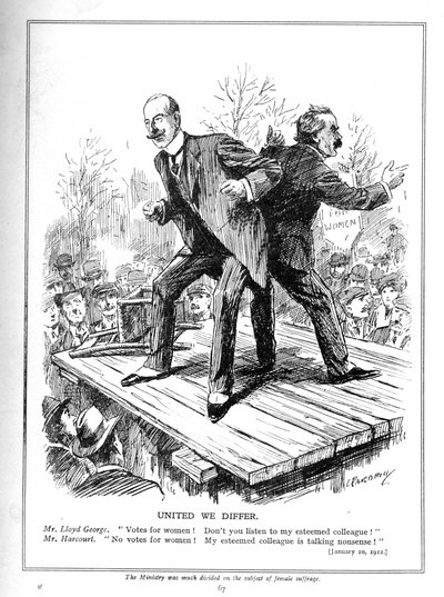Lloyd George en Harcourt, beide ministers in de Liberale Regering, oneens over het geven van stemmen aan vrouwen, 1910 door Leonard Raven Hill