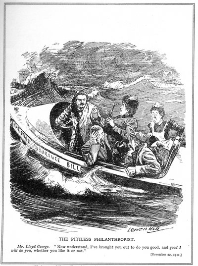 Lloyd George, afgebeeld als een reddingsbootschipper, wordt geconfronteerd met oppositie tegen zijn National Insurance Act, 1911 door Leonard Raven Hill