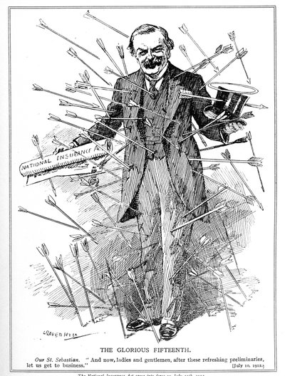 Lloyd George, afgebeeld als de martelaar, St. Sebastian, onder aanval voor zijn National Insurance Act, die in werking trad op 15 juli 1912 door Leonard Raven Hill