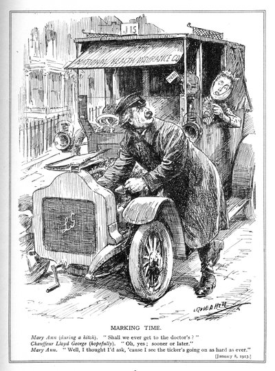 Lloyd George wordt vertraagd bij het brengen van een patiënt naar de dokter onder zijn National Health Insurance Act, 1913 door Leonard Raven Hill