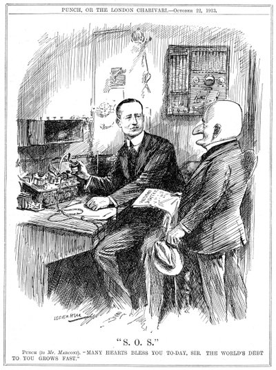 Mr Punch bedankt Marconi voor draadloze telegrafie die levens op zee redde, 1913 door Leonard Raven Hill