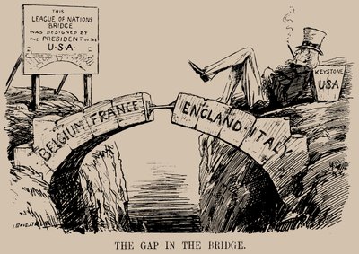 De kloof in de brug. Cartoon over de afwezigheid van de VS in de Volkenbond, dec 1919 door Leonard Raven Hill