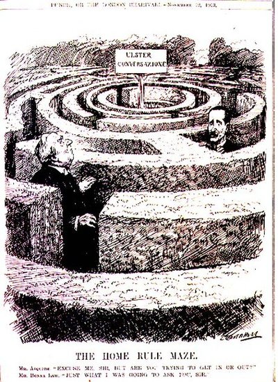 Het Home Rule Doolhof. Mr Asquith: "Pardon, meneer, maar probeert u erin of eruit te komen?" Mr. Bonar Law: "Precies wat ik u wilde vragen, meneer" uit 
