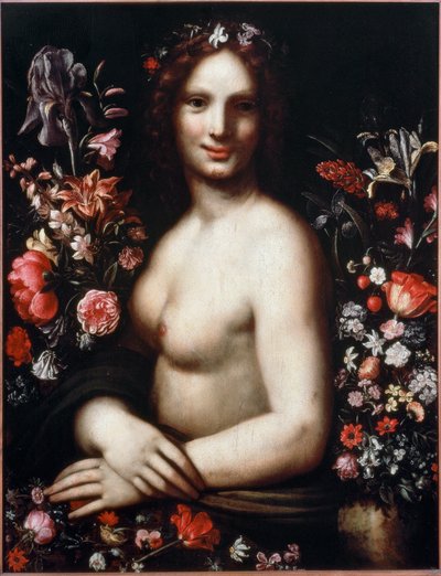 Buste van een jonge vrouw genaamd Flora (Flora) tussen de bloemen door Leonardo da (after) Vinci