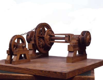 Houten model van tandwielen en wielen gebaseerd op het ontwerp van Leonardo da Vinci. Museum voor Wetenschap en Technologie, Milaan door Leonardo da (after) Vinci