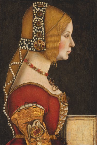 Portret van Isabella van Aragon, Hertogin van Milaan (1470-1524), halflang, in profiel naar rechts door Leonardo da (circle of) Vinci
