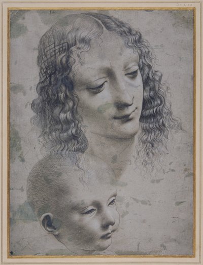 Het hoofd van een vrouw en het hoofd van een baby door Leonardo da (follower of) Vinci