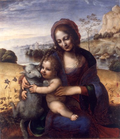 Madonna en Kind met een Lam door Leonardo da (manner of) Vinci