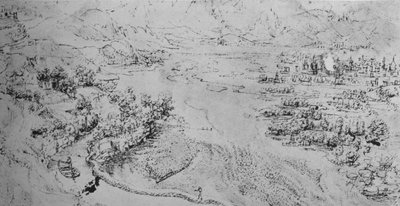 Een brede rivier met een kanaal ernaast, ca. 1480 1945 door Leonardo da Vinci