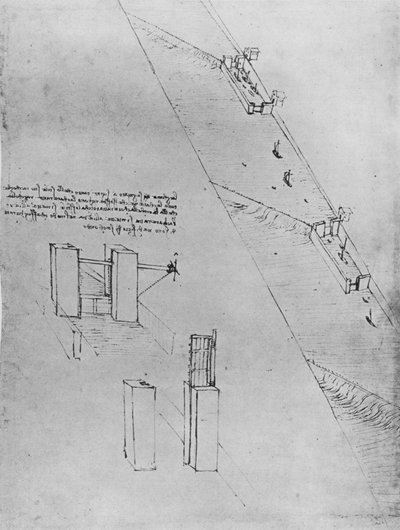 Een kanaal met sluizen en stuwen, ca. 1480 1945 door Leonardo da Vinci