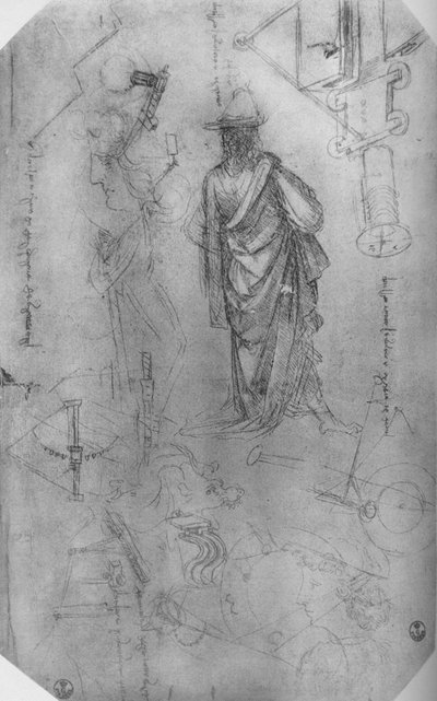 Een gedrapeerd figuur, studies van machines enz., ca. 1480 door Leonardo da Vinci