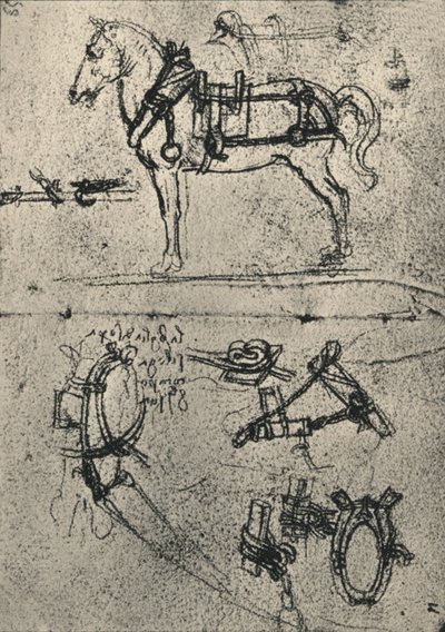 Een aangespannen trekpaard en studies van harnas door Leonardo da Vinci