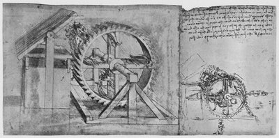 Een Groot Wiel dat Opeenvolgend Vier Kruisbogen Afvuurt, ca. 1480, 1945 door Leonardo da Vinci