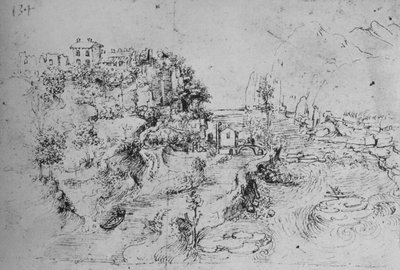Een rivier met een kanaal ernaast en een kasteel op een heuvel door Leonardo da Vinci