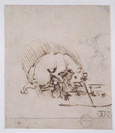Eenhoorn dompelt zijn hoorn in een waterpoel, ca. 1481 door Leonardo da Vinci