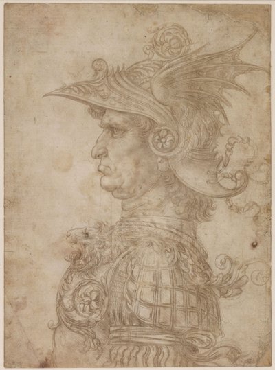 Een buste van een krijger in profiel naar links door Leonardo da Vinci