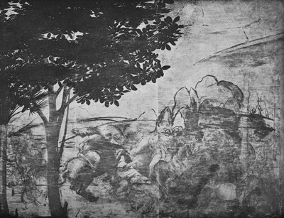 Aanbidding der Wijzen - Slag van ruiters in de verte rechts, ca. 1481 door Leonardo da Vinci