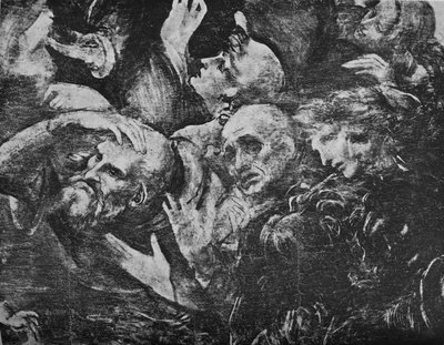 Aanbidding der Wijzen - Hoofden van de groep achter de knielende koning aan de rechterkant, ca. 1481 1945 door Leonardo da Vinci