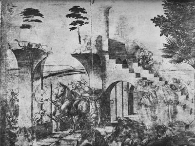 Aanbidding der Wijzen - Ruiters in de verte links, c1481 door Leonardo da Vinci