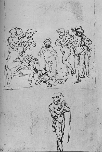 Aanbidding van de herder en aparte studie van een herder door Leonardo da Vinci