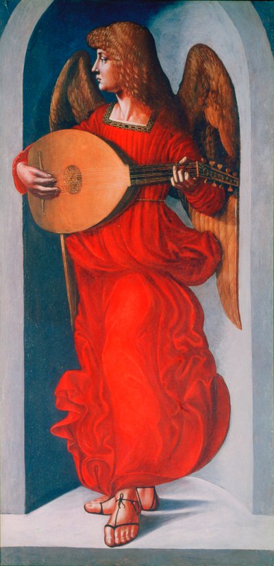 Een engel in rood met een luit, 1490-1499 door Leonardo da Vinci