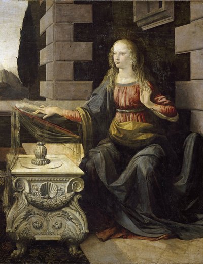 Annunciatie. Detail van de Maagd Maria en haar bureau, versierd met een schelp van Sint-Jacob (circa 1475) door Leonardo da Vinci