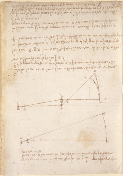 Tekeningen over de mechanische krachten en krachten, percussie, zwaartekracht, beweging, optica en astronomie, met verschillende rekenkundige en geometrische stellingen door Leonardo da Vinci
