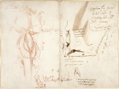Planimetrische schets van de rivier Arno; notities over afstanden en richtingen door Leonardo da Vinci