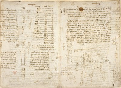 Aantekeningen, diagrammen en wiskundige berekeningen, getiteld 