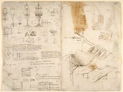 Schetsen van scharnierende lampen; aantekeningen over mechanica; wiskundige berekeningen; geometrische schetsen door Leonardo da Vinci