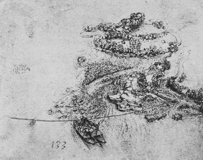 Vogelperspectief van een rivier met een touwveer, ca. 1480 1945 door Leonardo da Vinci