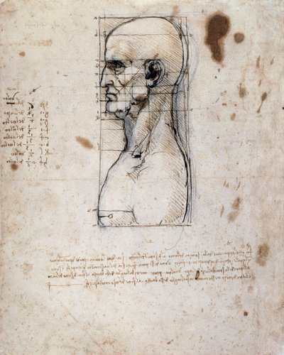 Borstbeeld van een man in profiel met metingen en aantekeningen door Leonardo da Vinci