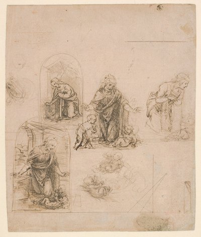 Compositorische Schetsen voor de Maagd die het Christuskind aanbidt, 1480-85 door Leonardo da Vinci