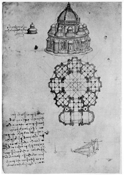 Ontwerpen voor een centrale kerk door Leonardo da Vinci