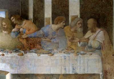 (detail) van het Laatste Avondmaal, van links naar rechts Thomas, Jacobus de Meerdere, Filippus, Mattheüs, Judas Thaddeüs en Simon de Zeloot door Leonardo da Vinci