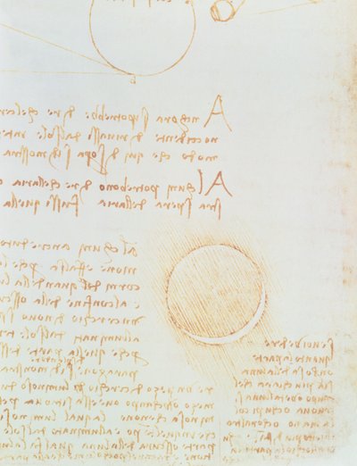 Detail van fol. 2r, uit de Codex Leicester, toont de buitenste helderheid van de maan door Leonardo da Vinci