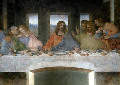 (detail) van het Laatste Avondmaal, links Judas, Petrus en Johannes, Christus in het midden door Leonardo da Vinci