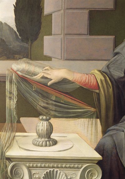 Detail van de Maagd Maria, uit De Aankondiging (post restauratie) door Leonardo da Vinci