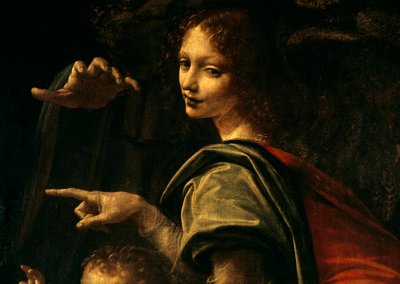 Detail van de Maagd met de rotsen, Sint Johannes de Doper wijst met zijn vinger en hand van de Maagd Maria door Leonardo da Vinci