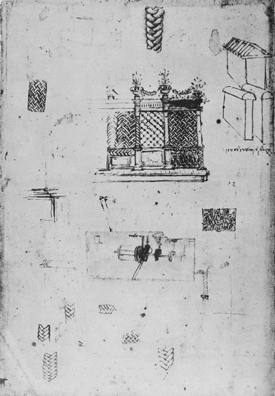 Tekening van een decoratief scherm en andere schetsen, ca. 1480 1945 door Leonardo da Vinci
