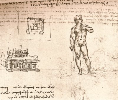 Tekening van plannen voor een kasteel en een naaktfiguur, gewassen met Indische inkt, ca. 1472-1519 door Leonardo da Vinci