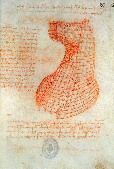 Tekening van de gietvorm voor het hoofd van het Sforza-paard, Fol. 57 (recto), uit de Codex Madrid I, c.1491-93 door Leonardo da Vinci