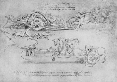 Tekeningen van twee soorten strijdwagens bewapend met sikkels door Leonardo da Vinci